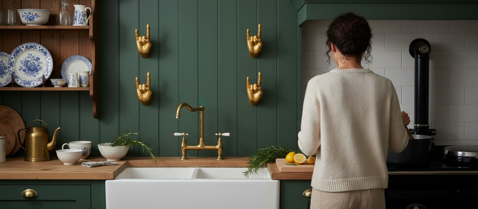 Gold rock hand hooks arranged on a wood wall