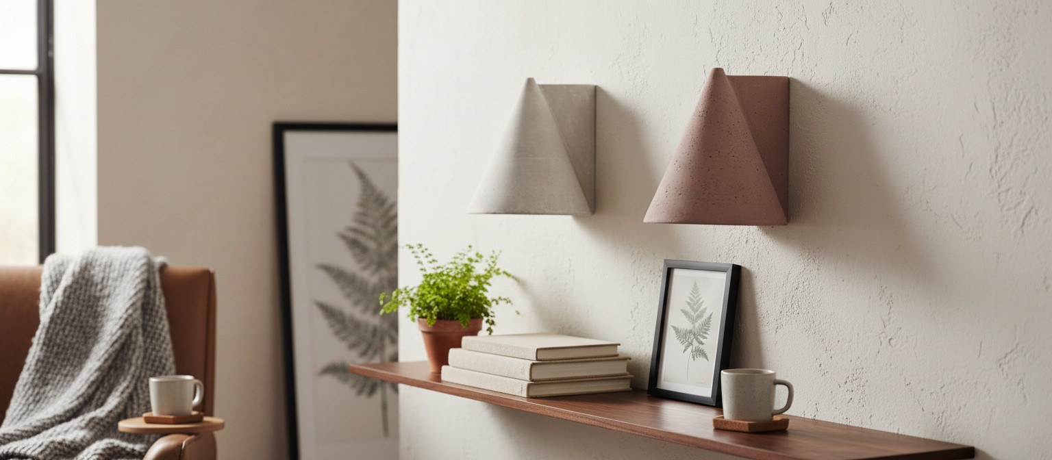 Concrellia minimalist wall lamp in gray and brick red displayed above a shelf