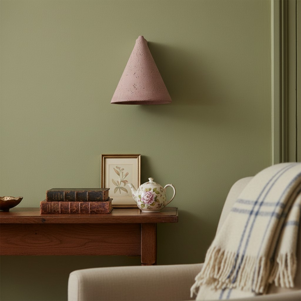 Brick red wall lamp above a side table