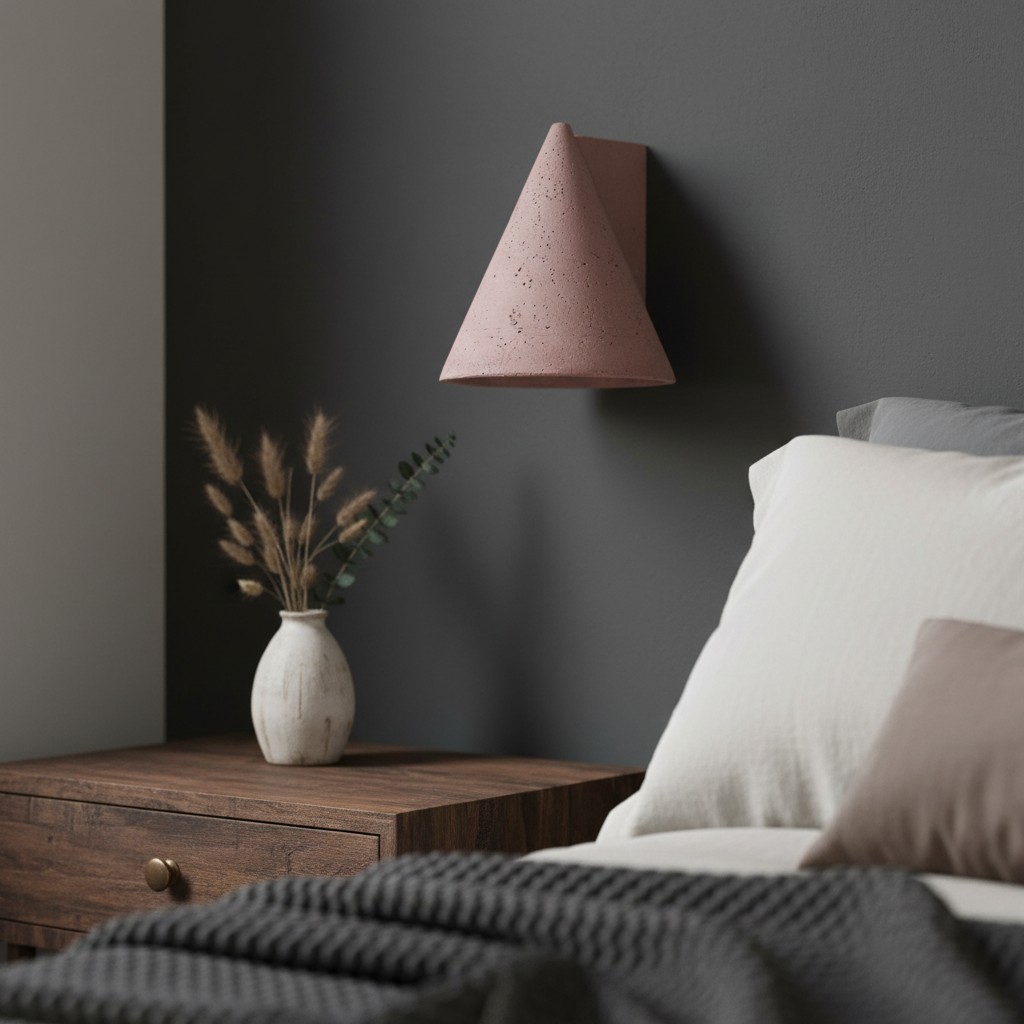 Brick red wall lamp beside a bed