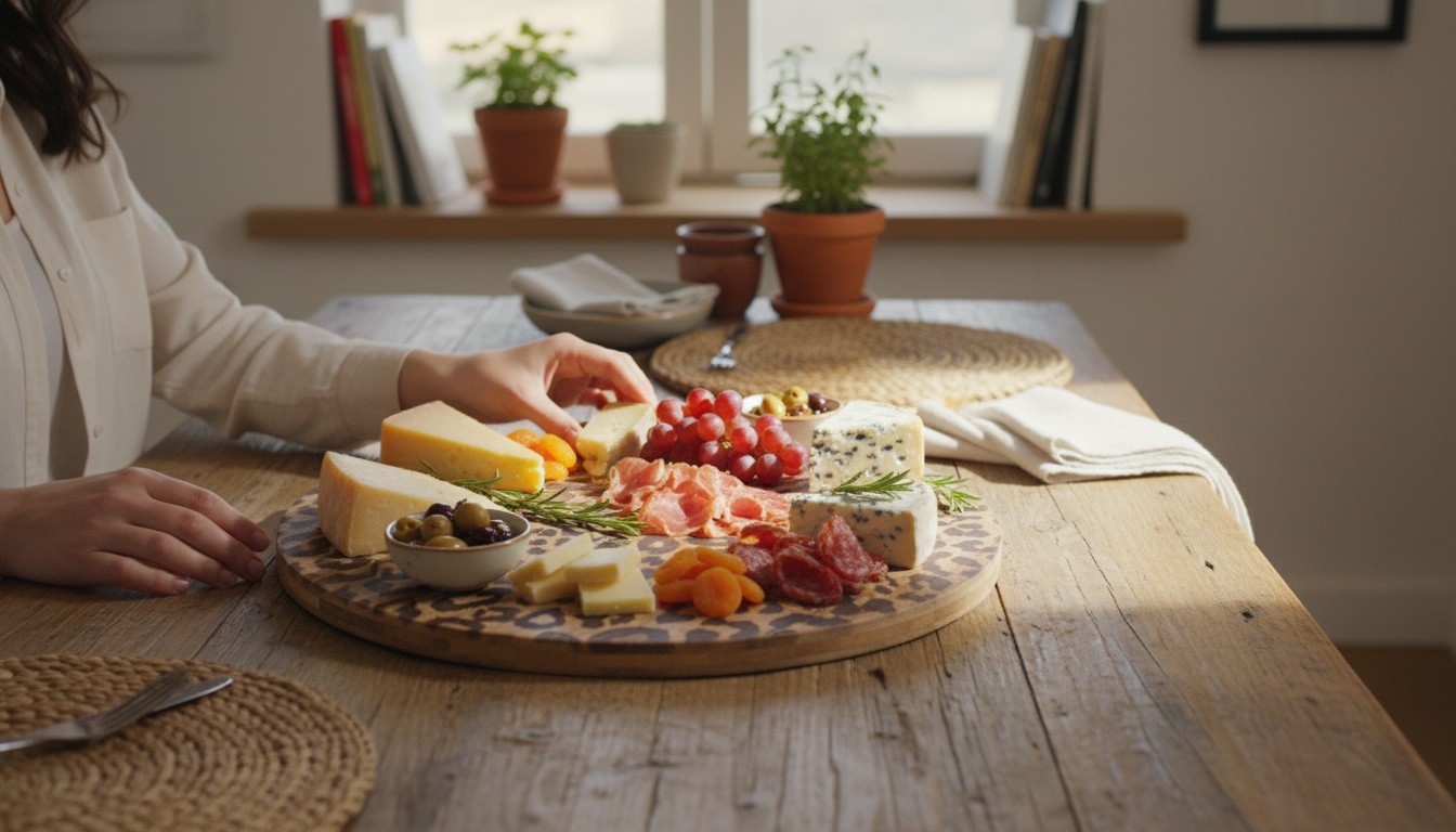 Lepwood board serving cheese and fruit on a table