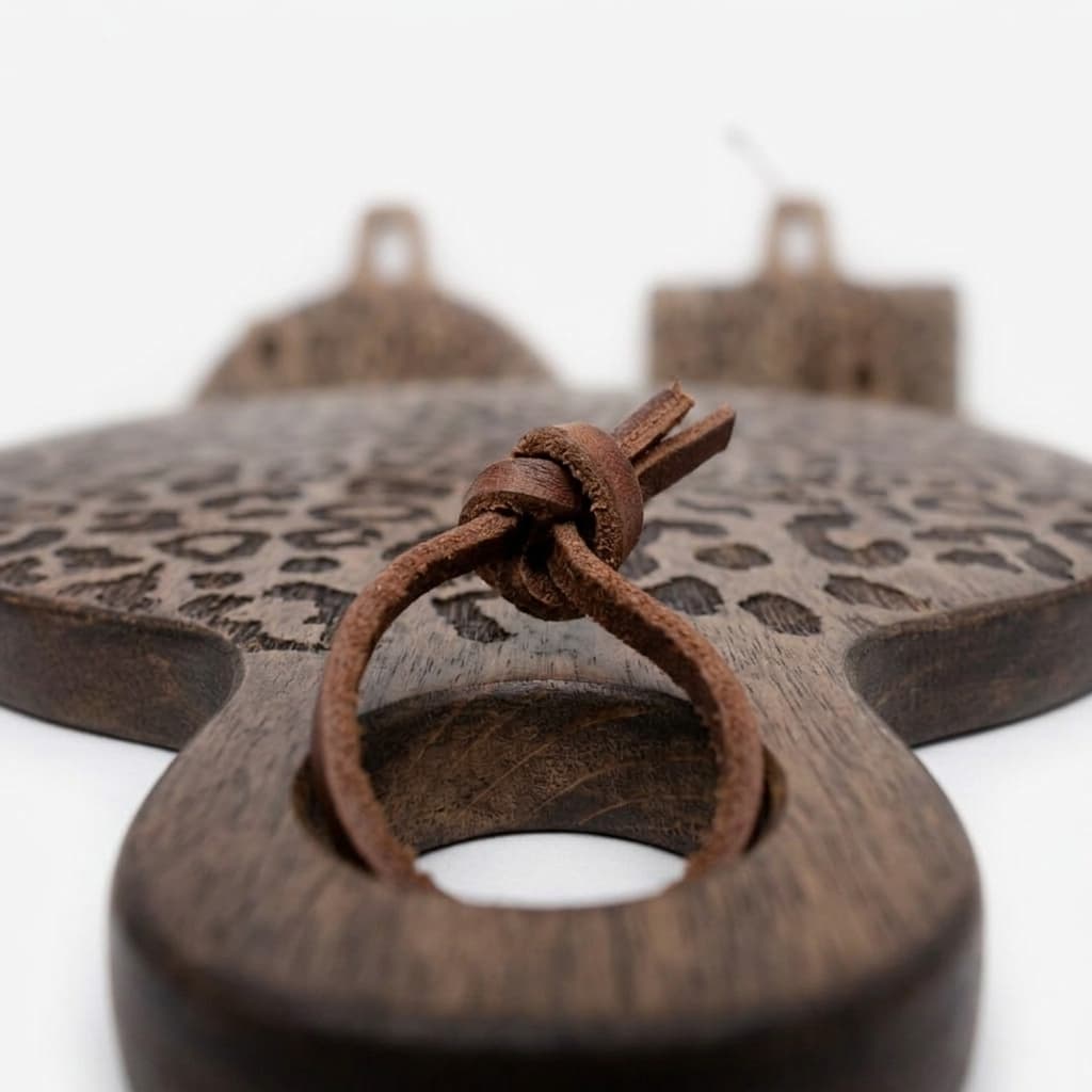 Leather tie detail on leopard print serving board