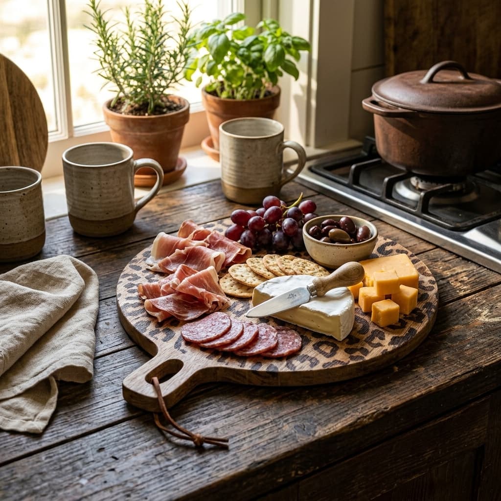 Leopard print serving board with charcuterie on rustic table