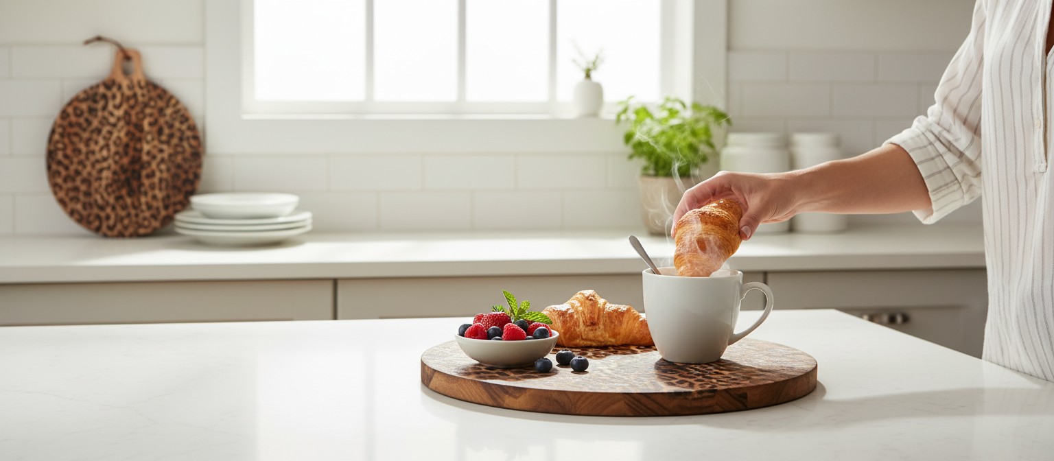 Lepwood leopard wood board on a kitchen counter