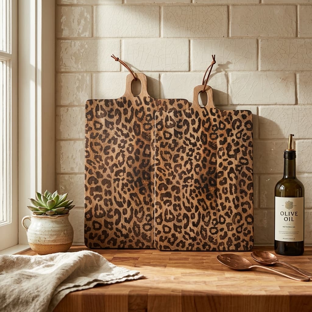 Square leopard print boards displayed in kitchen
