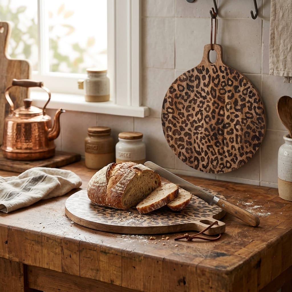 Round leopard print board with sliced bread