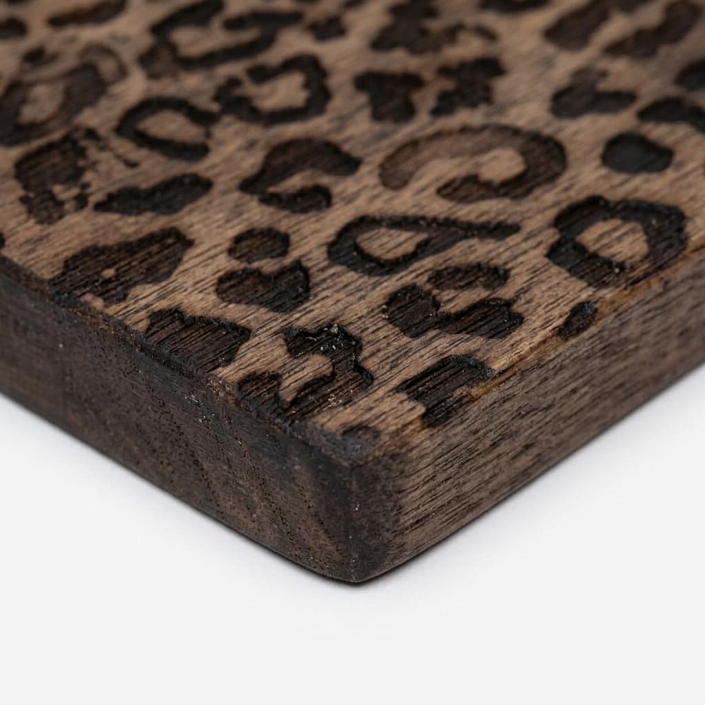 Close view of etched leopard print wood grain