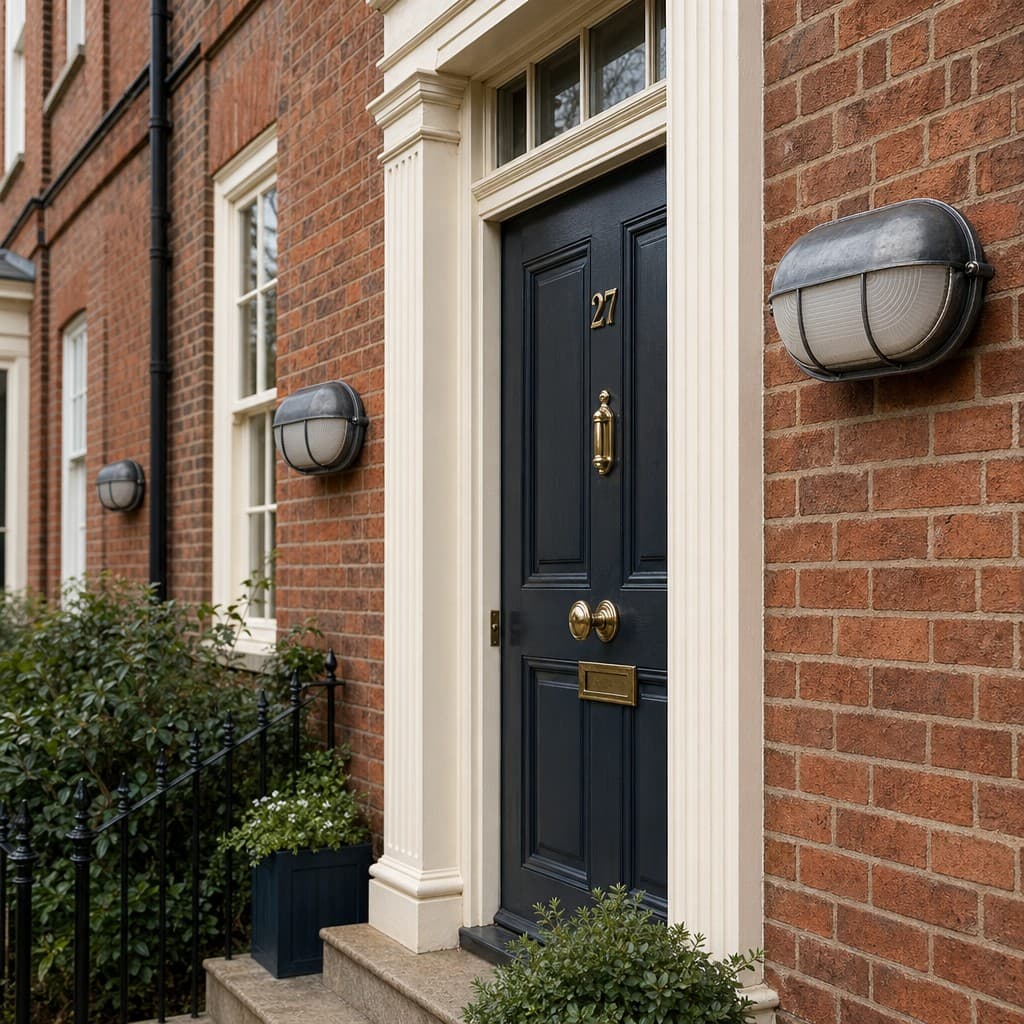 Morvane outdoor sconce installed beside a black front door