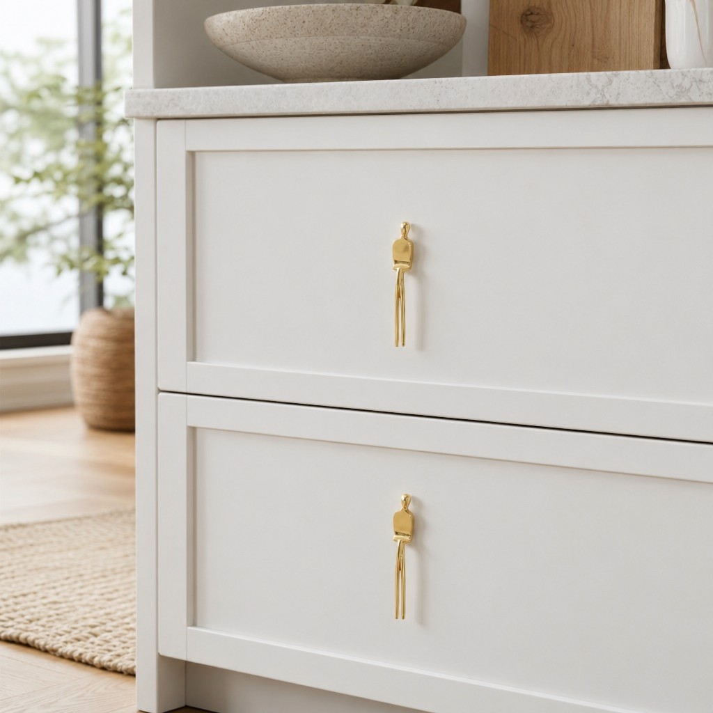 Small gold handle on white drawers