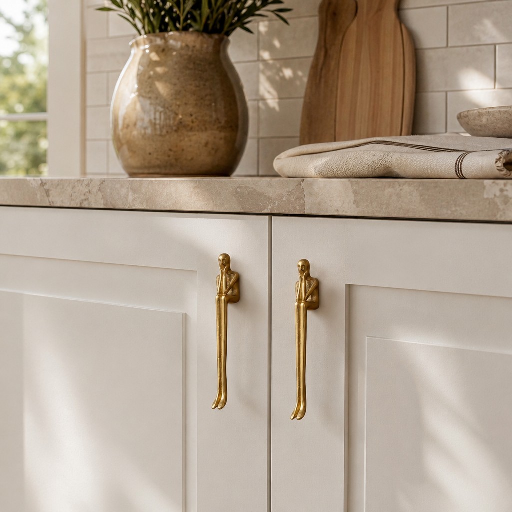 Brass Verlitho handles on white kitchen cabinets