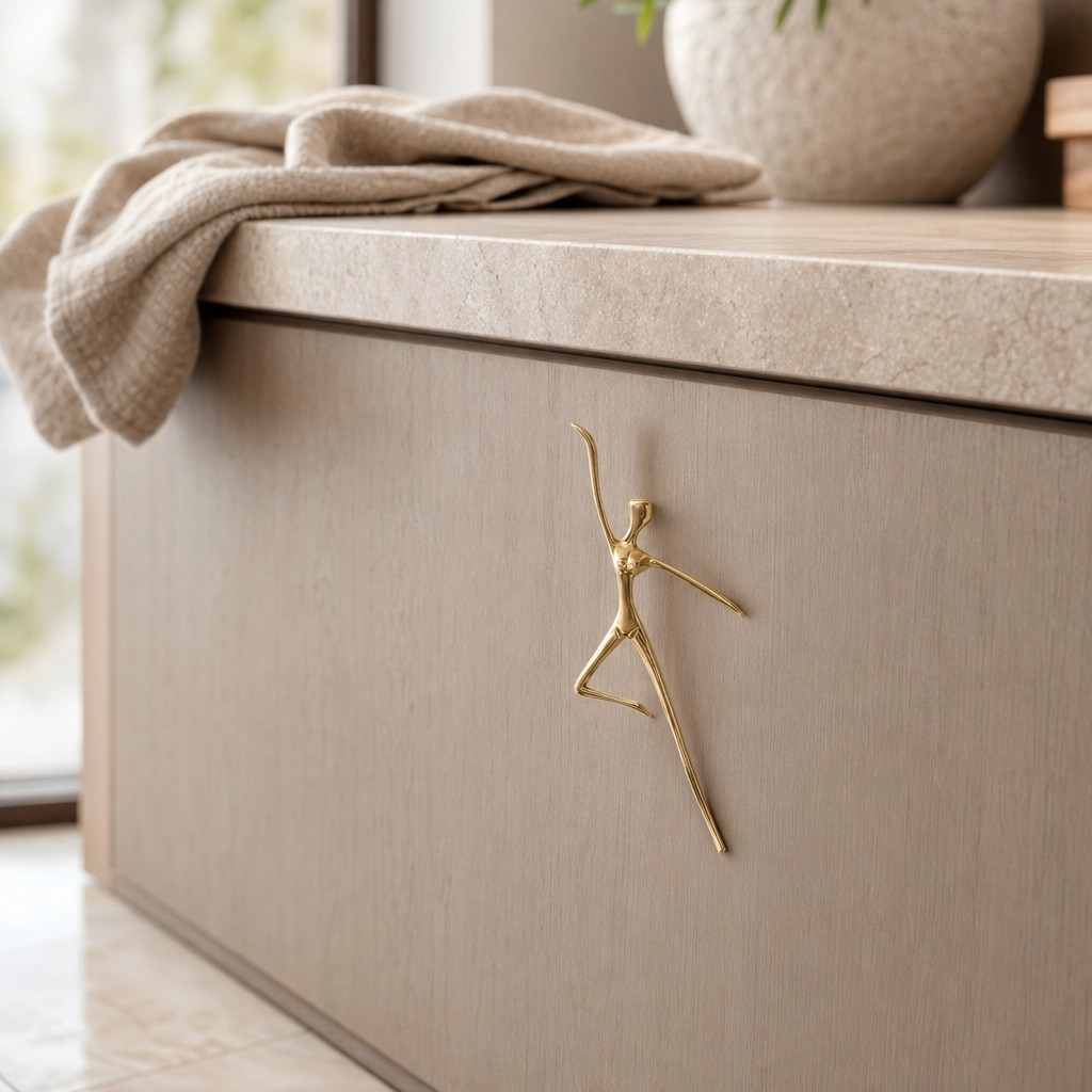 Gold sculptural handle on a side cabinet