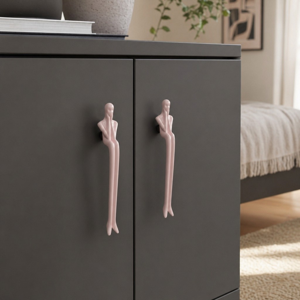Pink Verlitho handles on dark cabinet doors