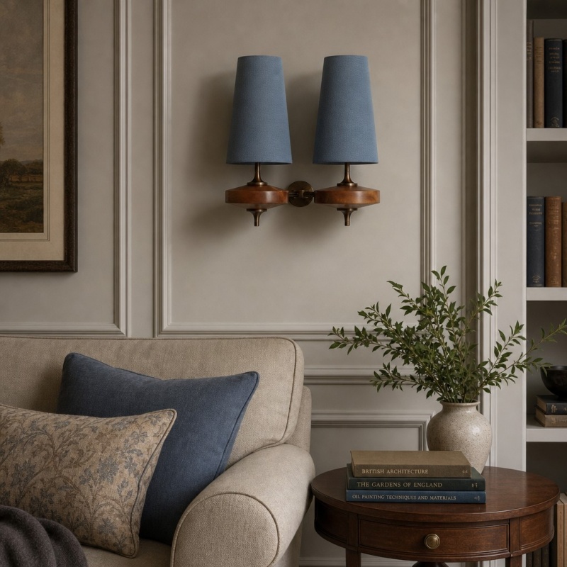 Blue Luvora double wall light beside sofa