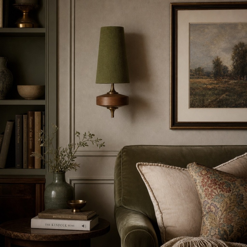 Green Luvora wall light beside sofa