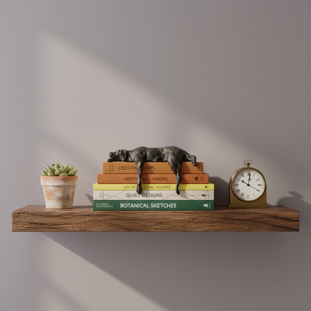 Lazy dog sculpture displayed on books and shelf decor