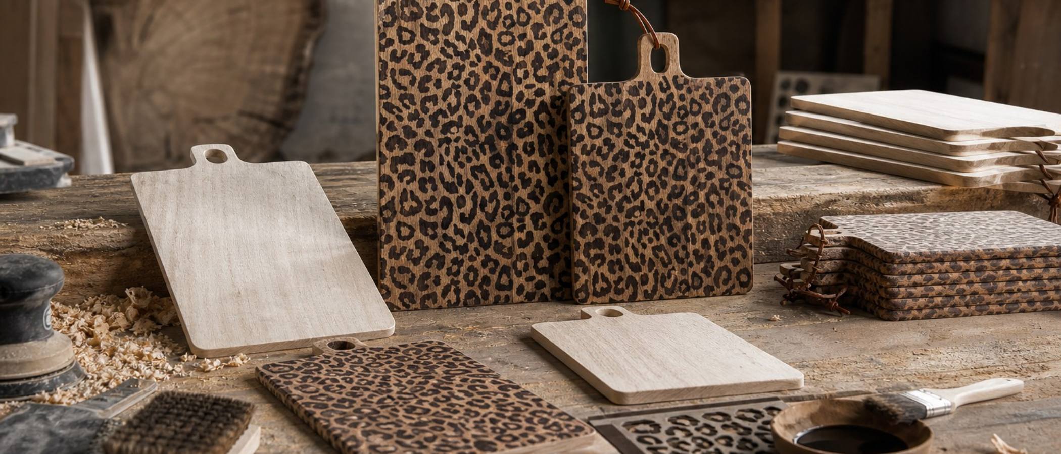 Finished leopard print boards in workshop