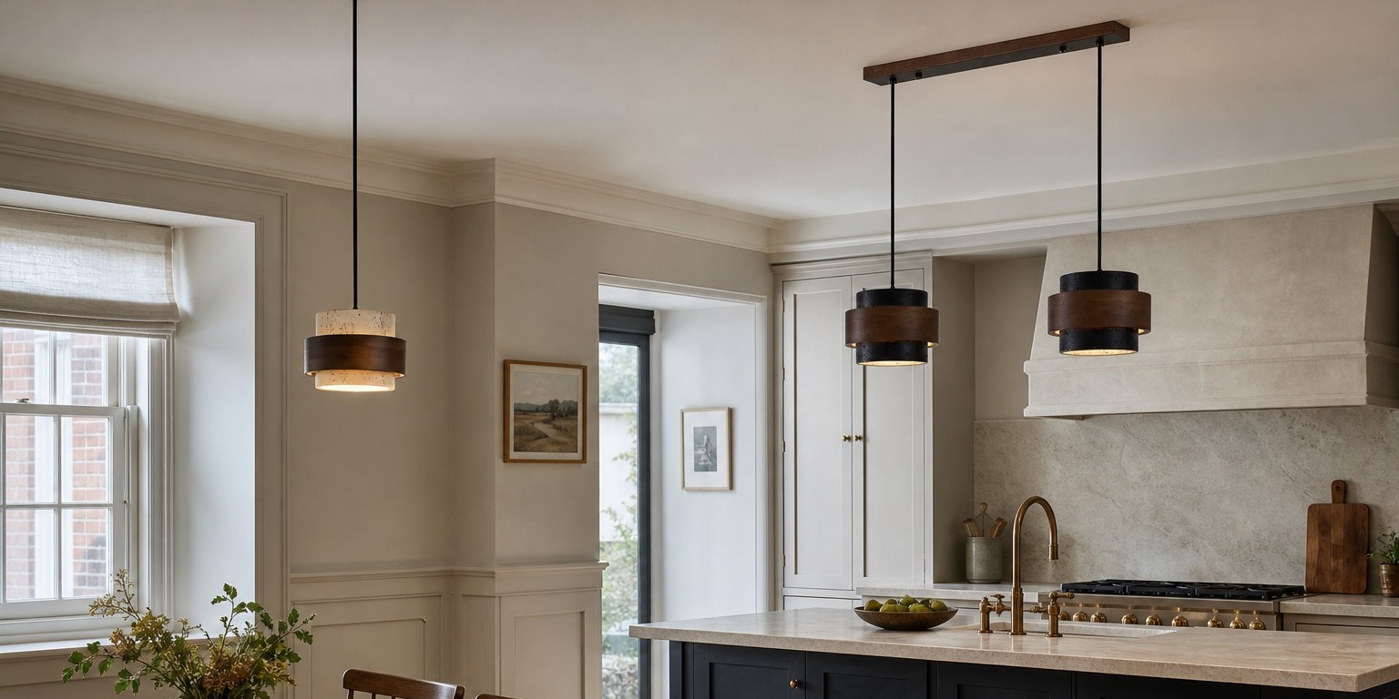 Travertine pendant light with walnut wood detail in a kitchen setting