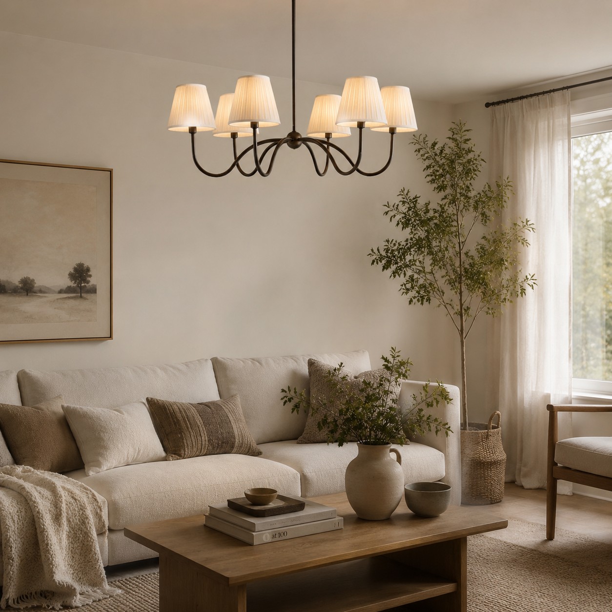 Black Luvora chandelier in a warm living room
