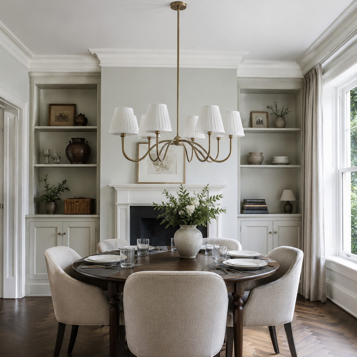 Brass Luvora chandelier over a dining room