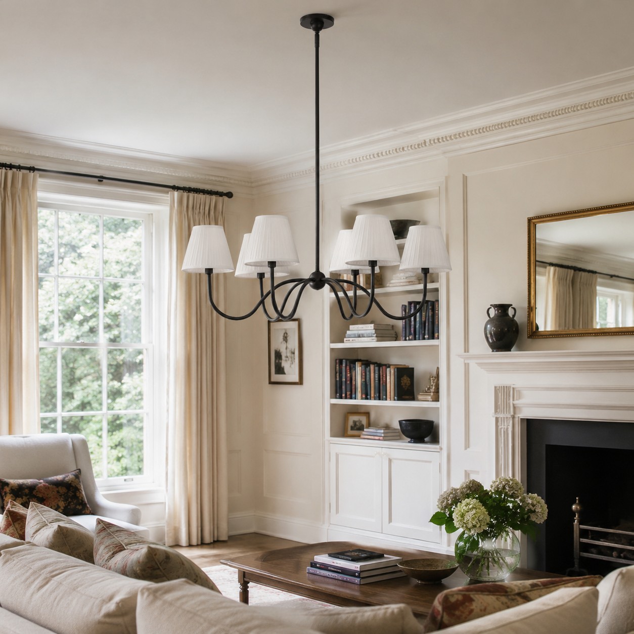 Black Luvora chandelier in a classic sitting room