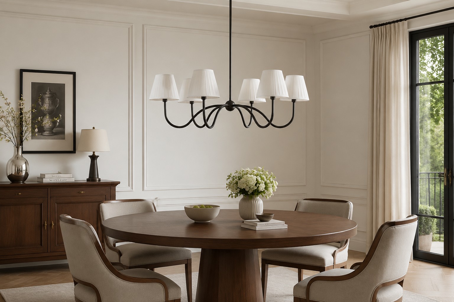 Luvora chandelier above a round dining table