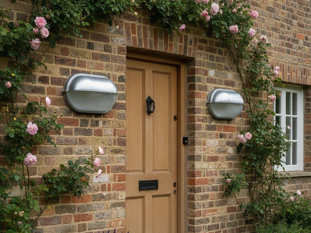 Docka outdoor wall sconces installed beside a brick exterior entryway