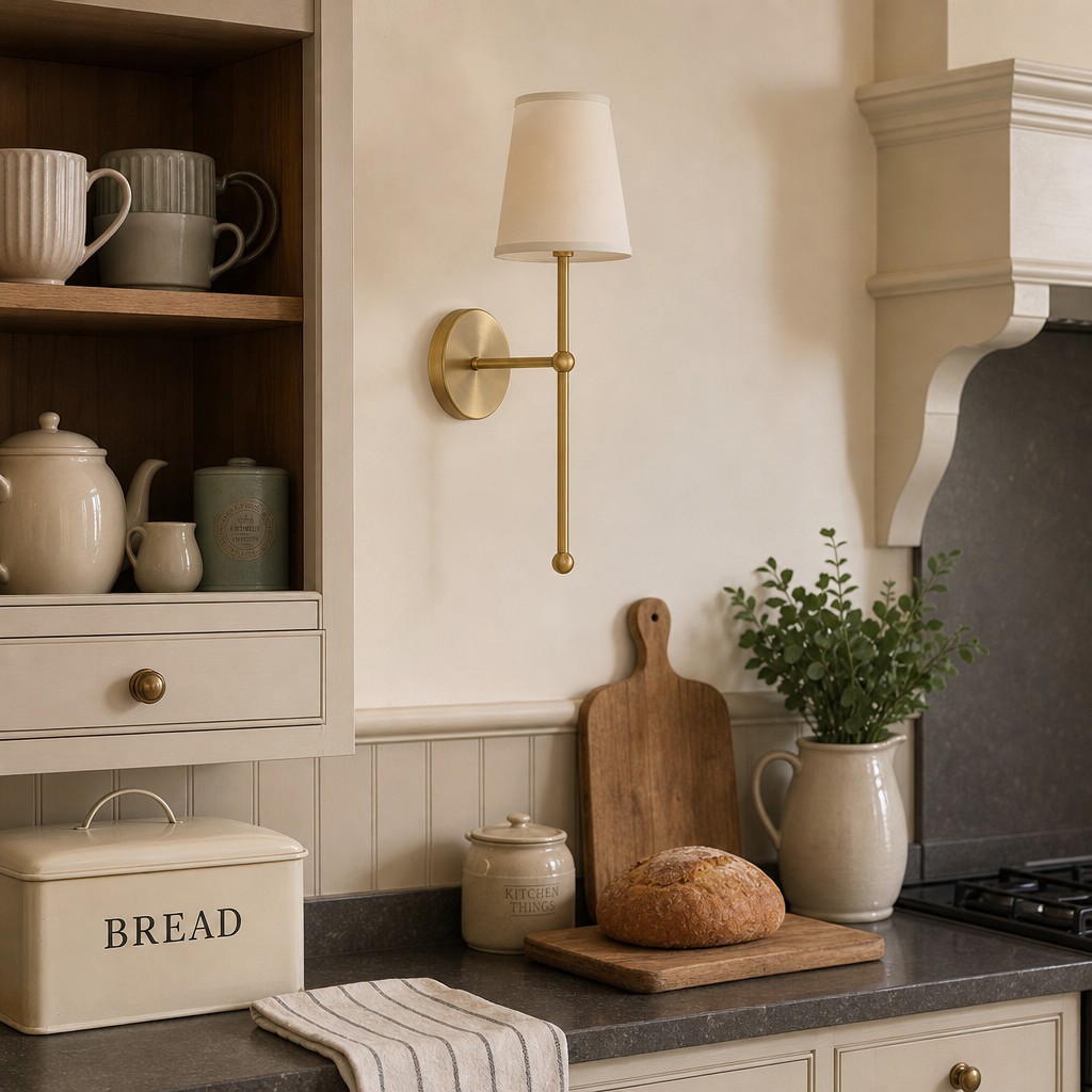 Gold wall lamp in a kitchen corner