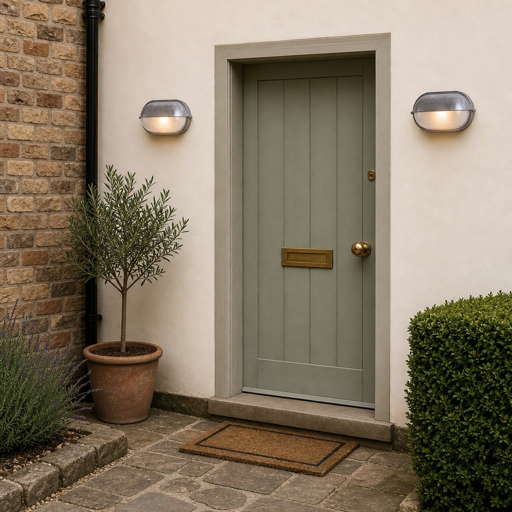 Docka wall light beside a garden entry door