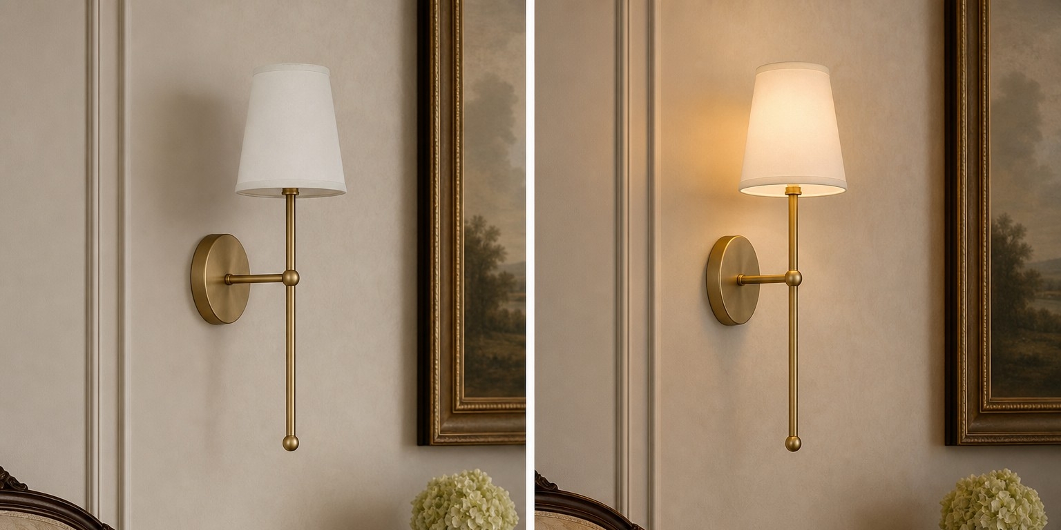 Switch light comparison showing the wall lamp off and on