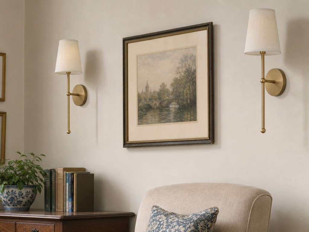 Two gold wall lamps in a living room before purchase reminder