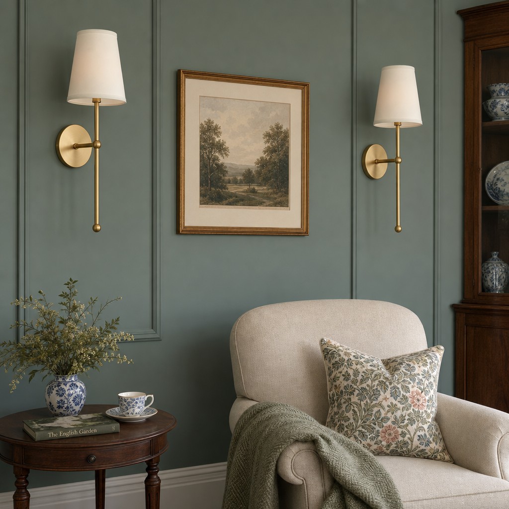 Pair of gold wall lamps in a sitting room