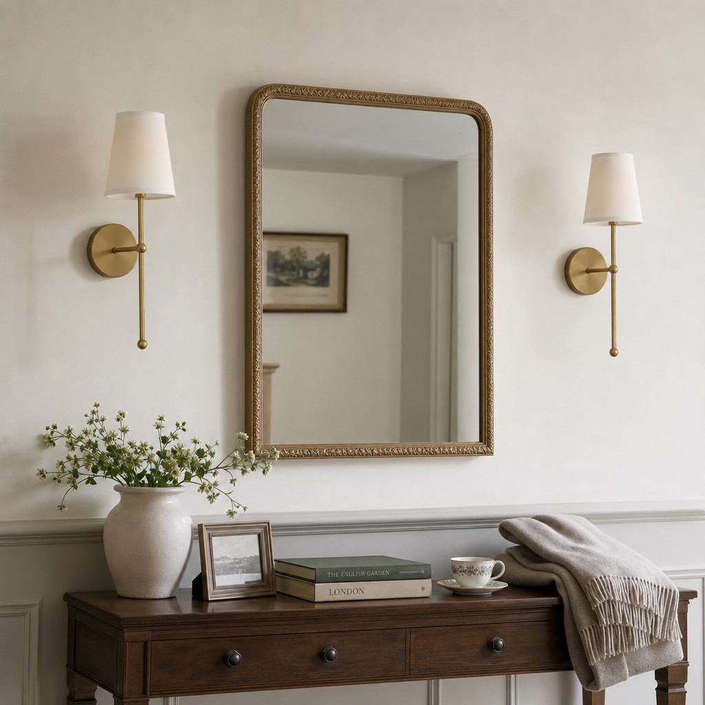 Gold wall lamp beside a mirror in an entryway