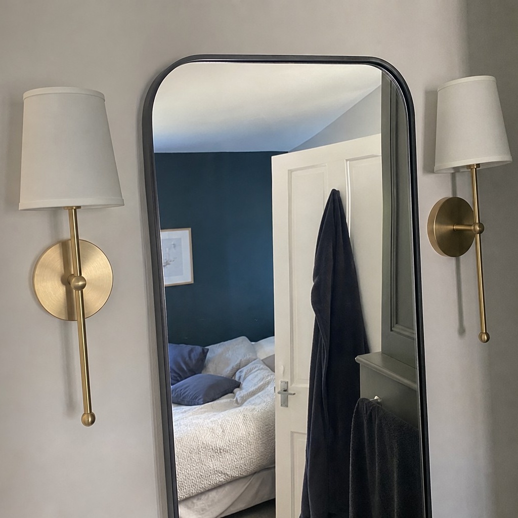 Customer room photo with the gold wall lamp beside a mirror