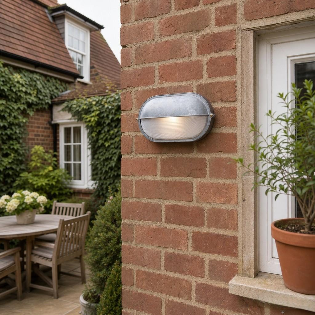 Docka wall light mounted on brick exterior wall