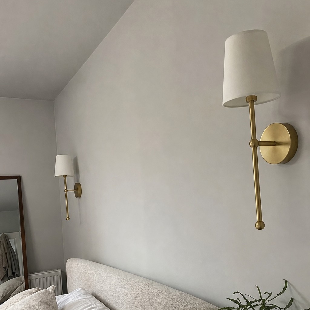 Customer room photo with the gold wall lamp on a bedroom wall