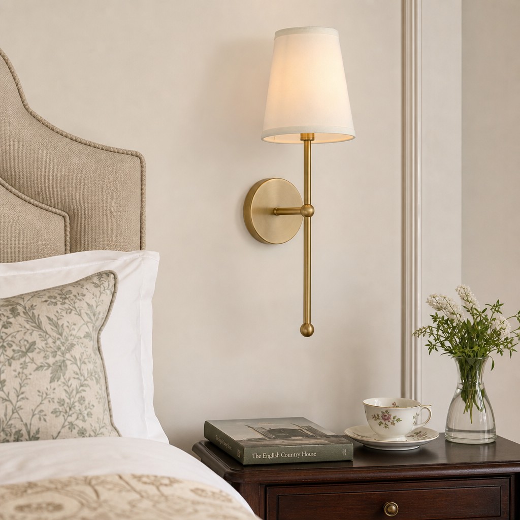 Gold wall lamp beside a bed