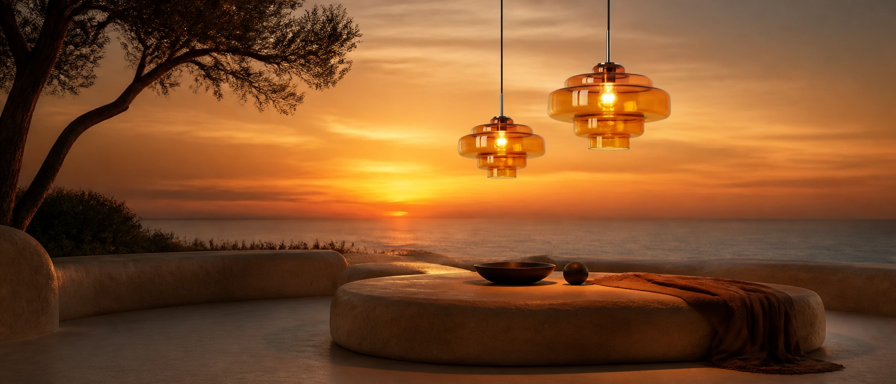 Colored glass pendant light in home setting