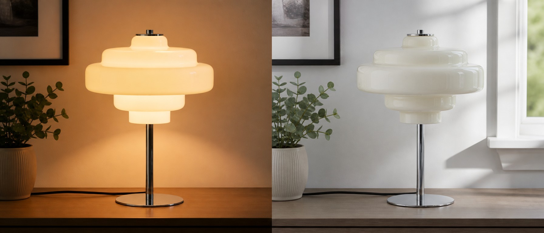 Koloro table lamp light effect comparison in warm and daylight settings