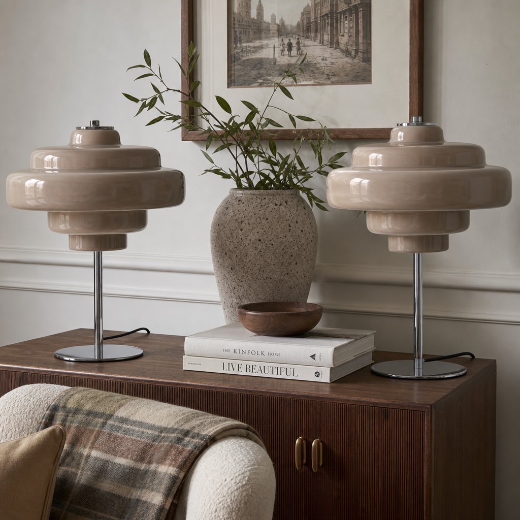 Taupe Koloro lamps styled on a wooden cabinet