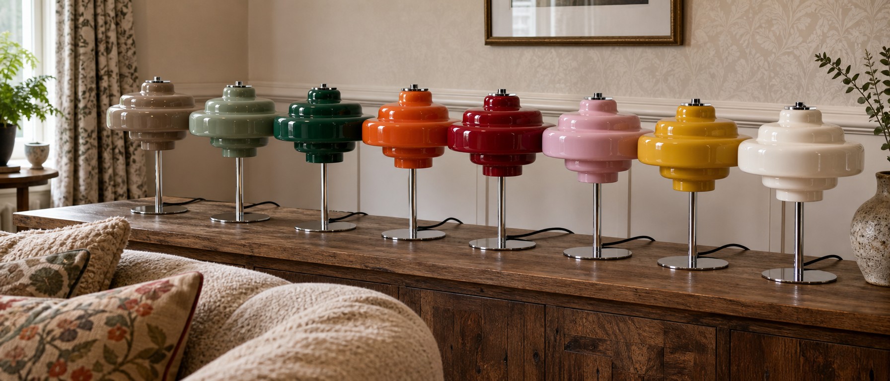 Koloro retro glass table lamps in multiple colours displayed on a wooden cabinet
