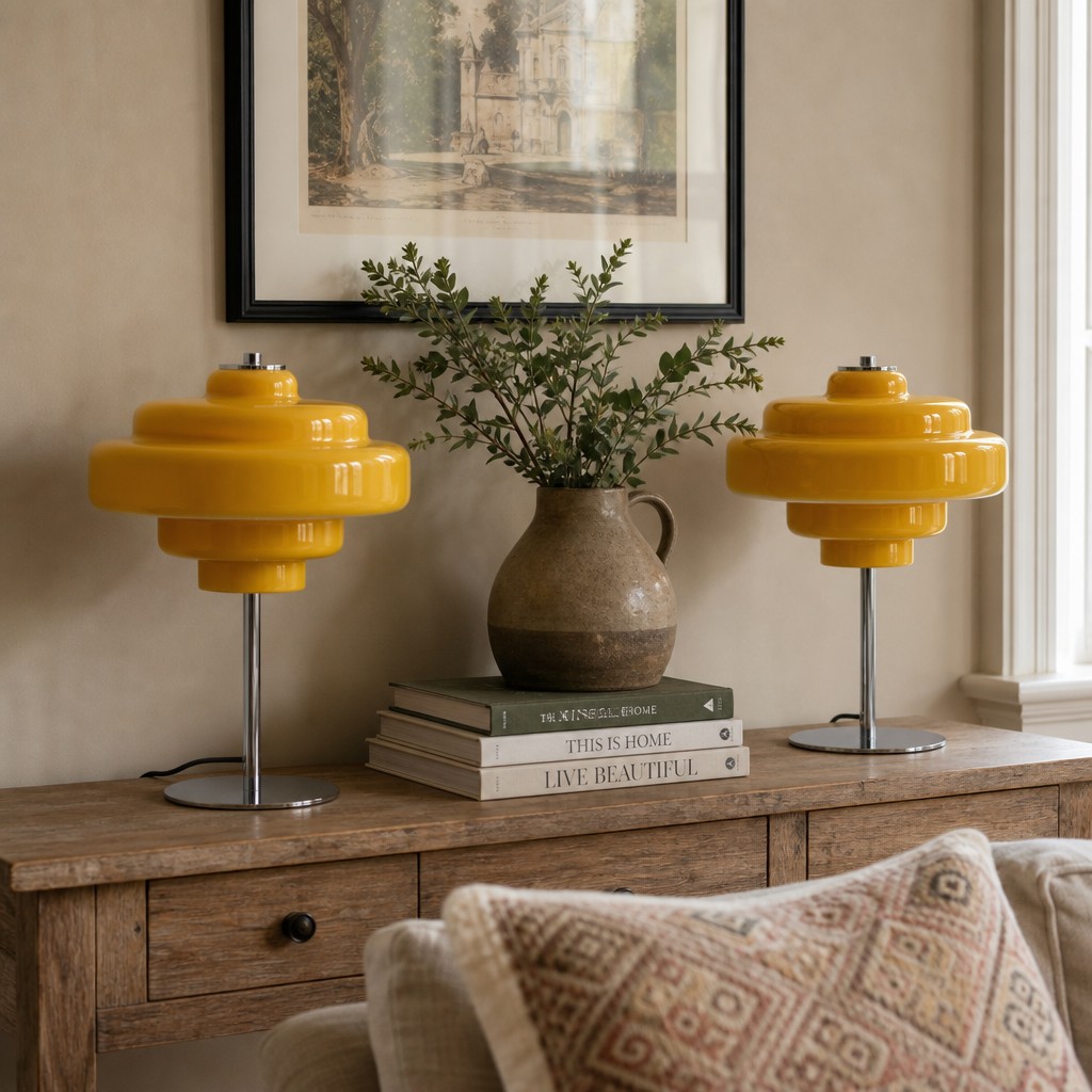 Yellow Koloro lamps displayed on a wooden console