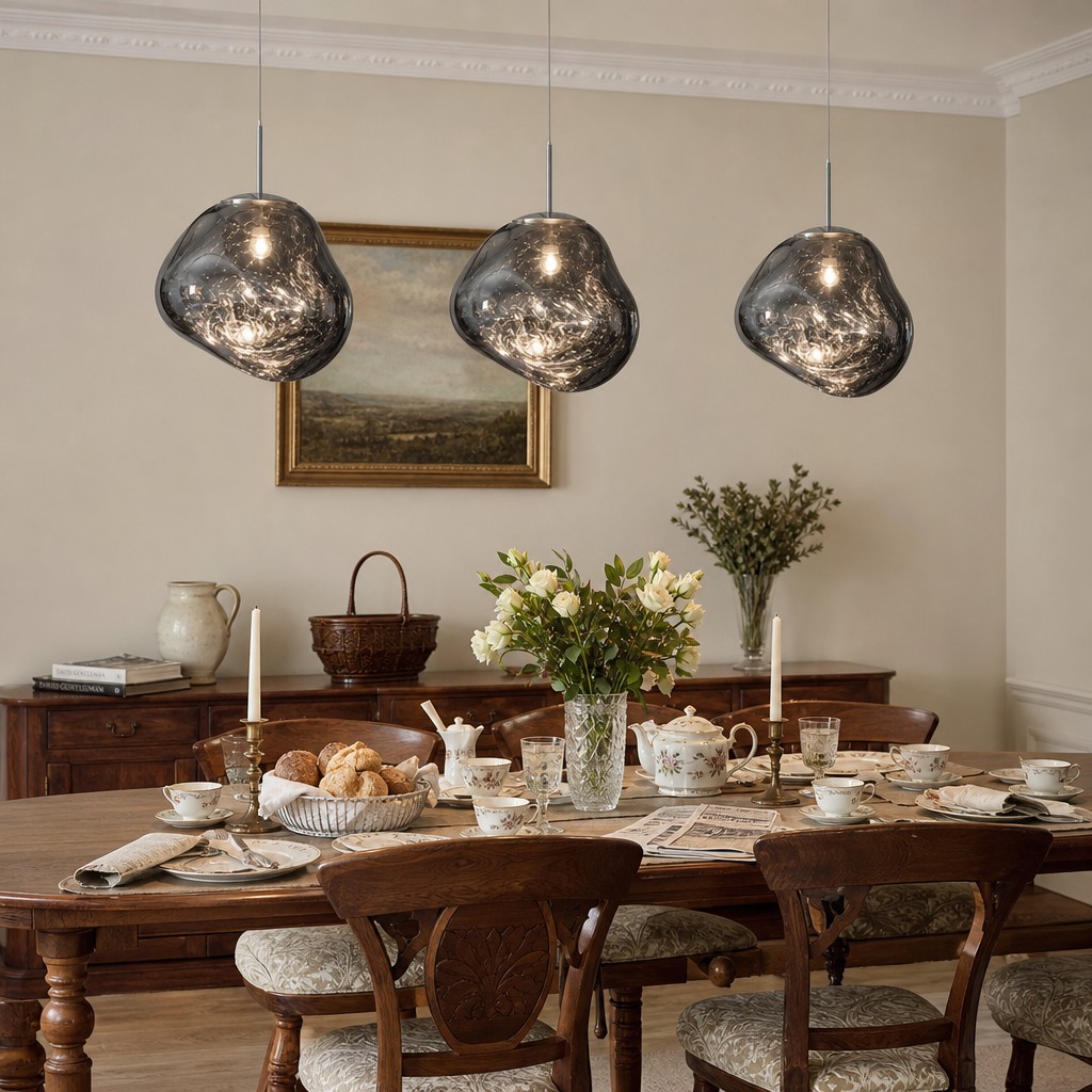 Smoke Melt pendant lights over a dining table