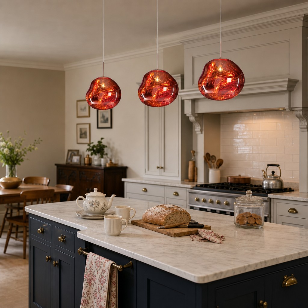 Red Melt pendant lights in a kitchen