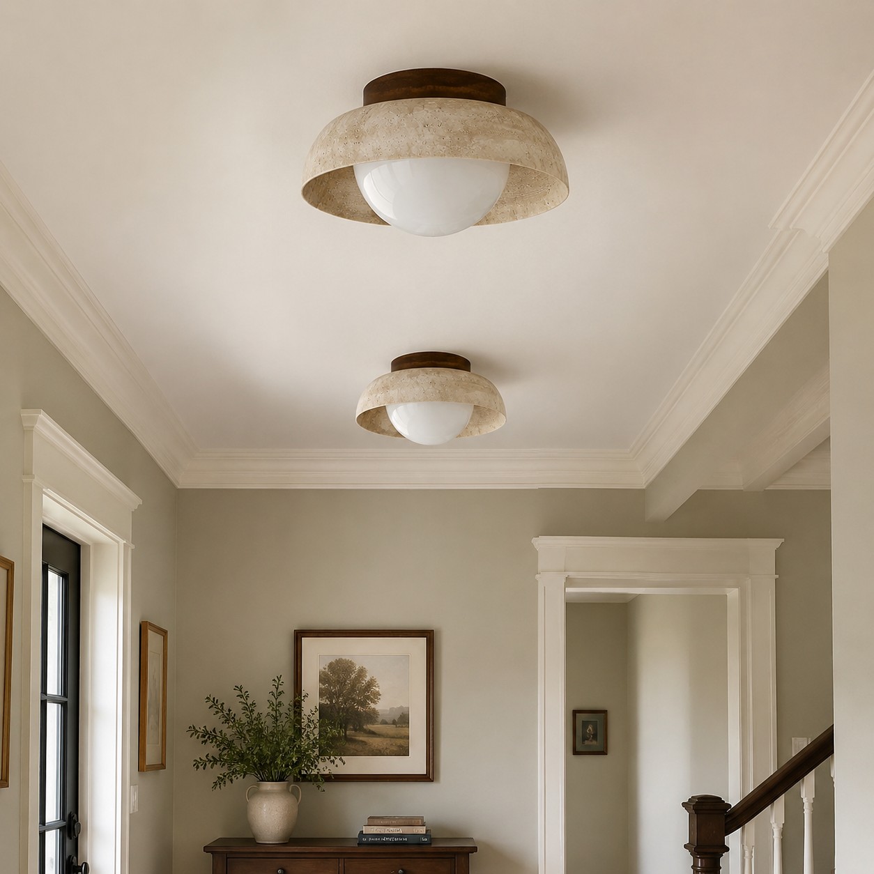 Travertine ceiling light in an entryway setting