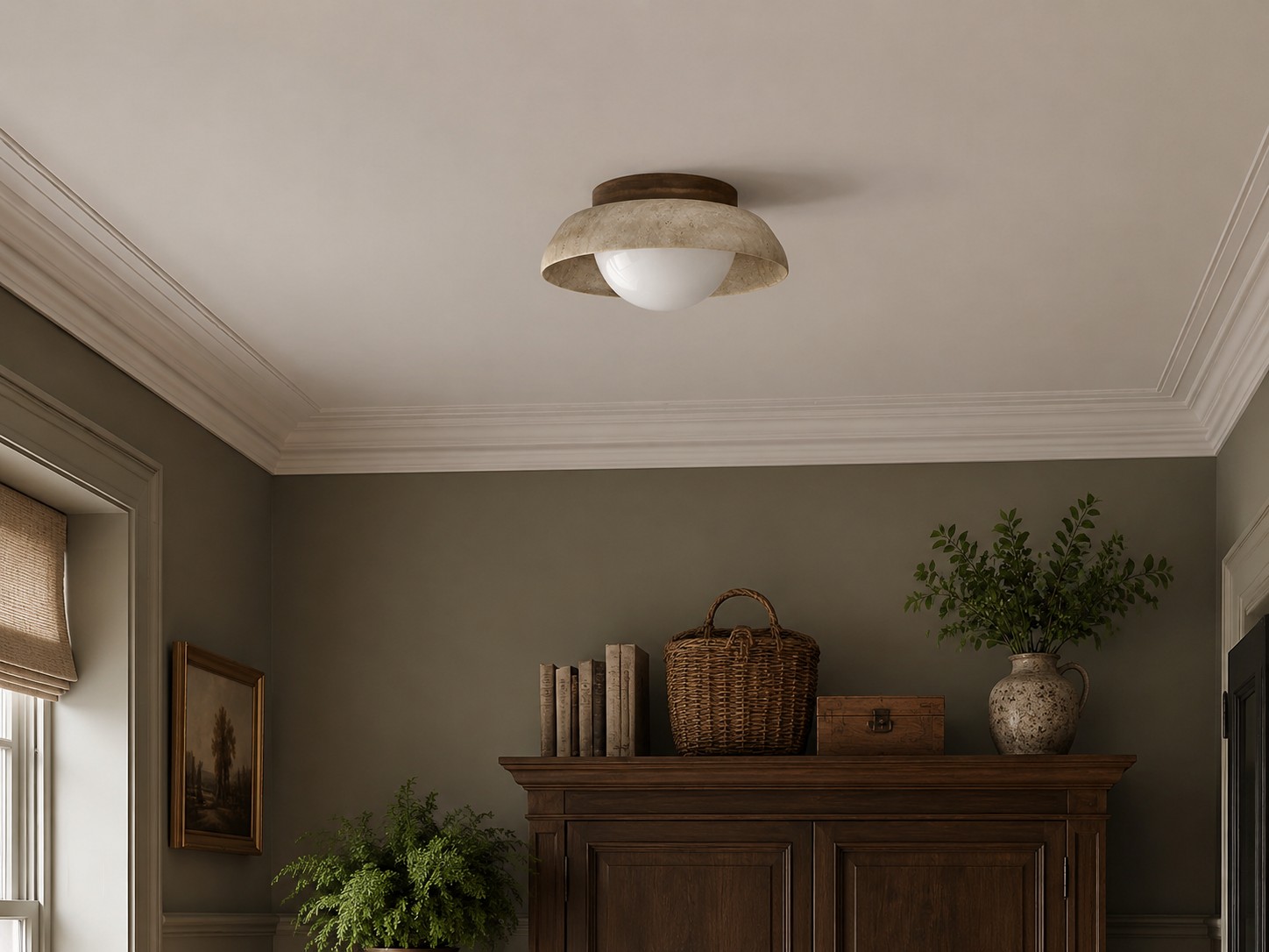 Travertine ceiling light room detail