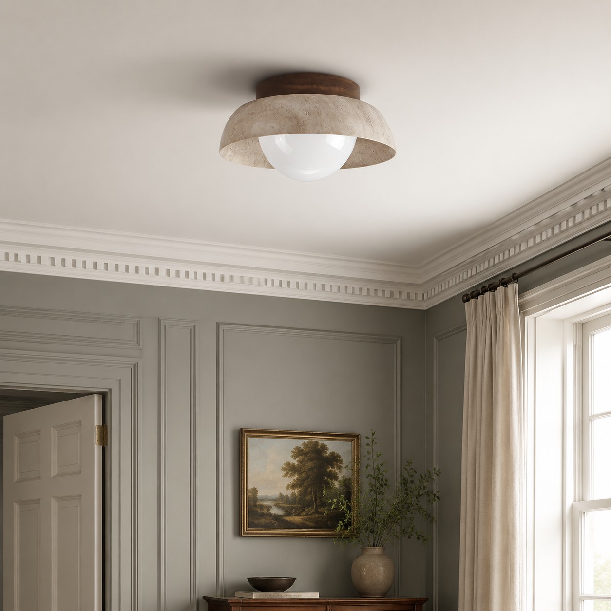 Travertine ceiling light in a calm interior