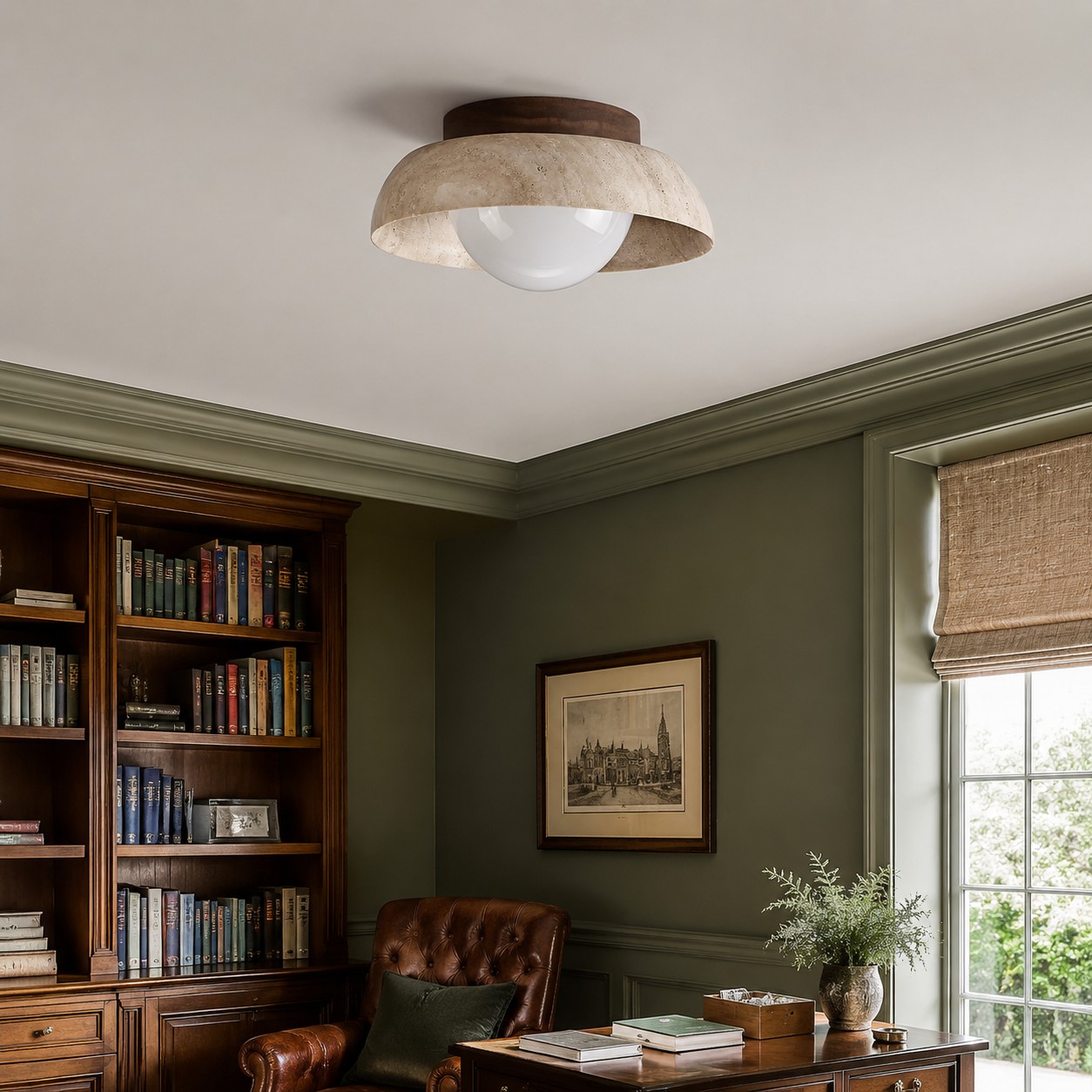Travertine ceiling light in a study room