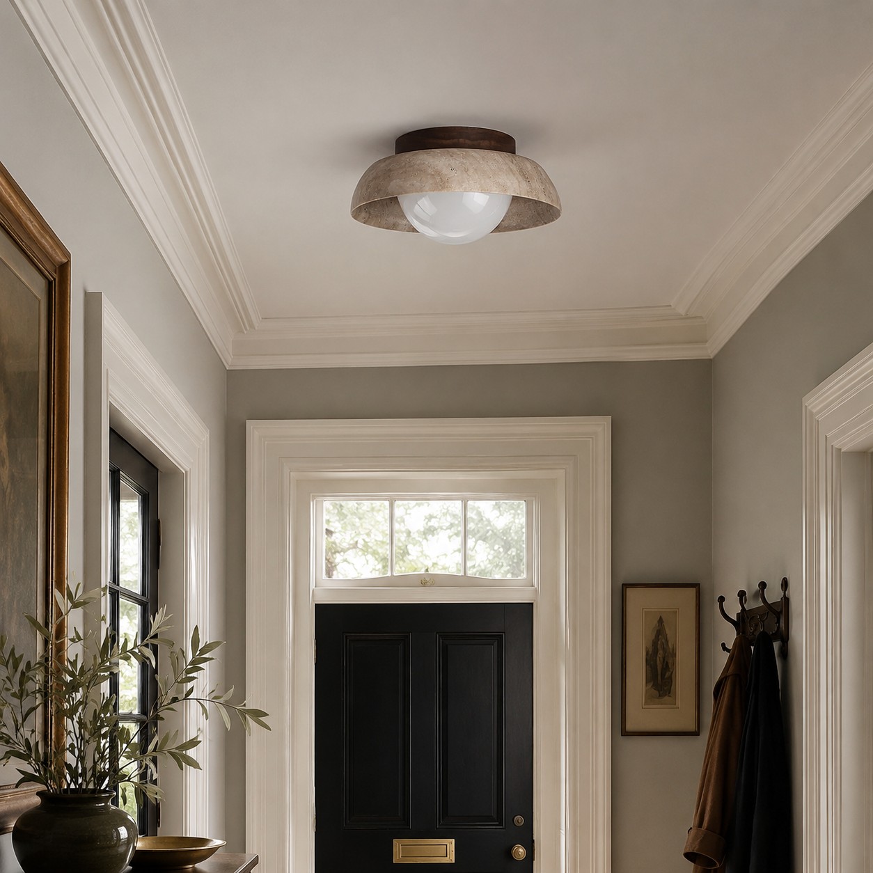 Travertine ceiling light in an entryway