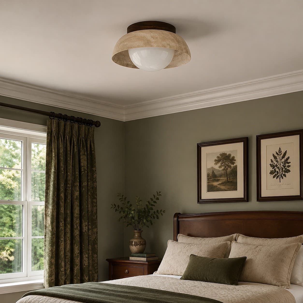 Travertine ceiling light in a bedroom