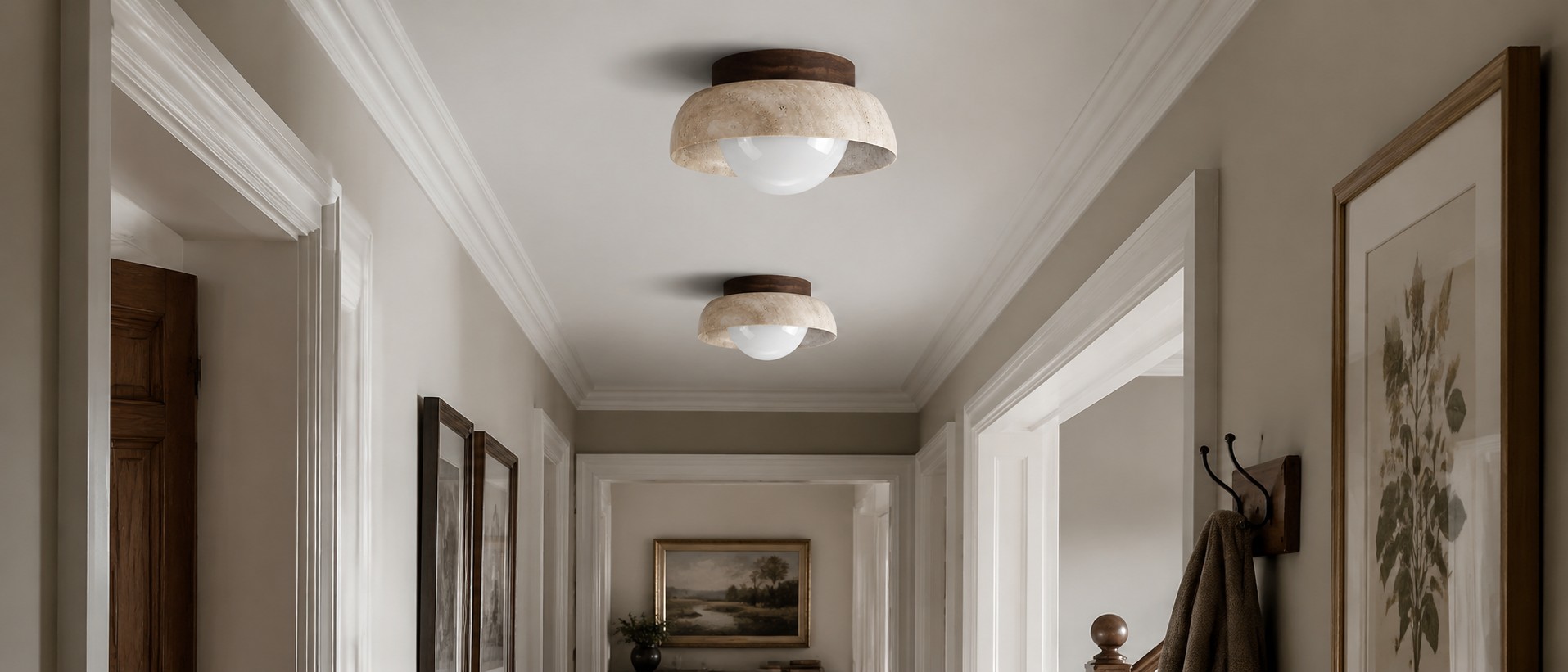 Multiple travertine ceiling lights in a hallway